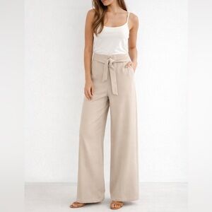 Zara Tie Up Front High waisted Wide Leg Beige Pants Size M